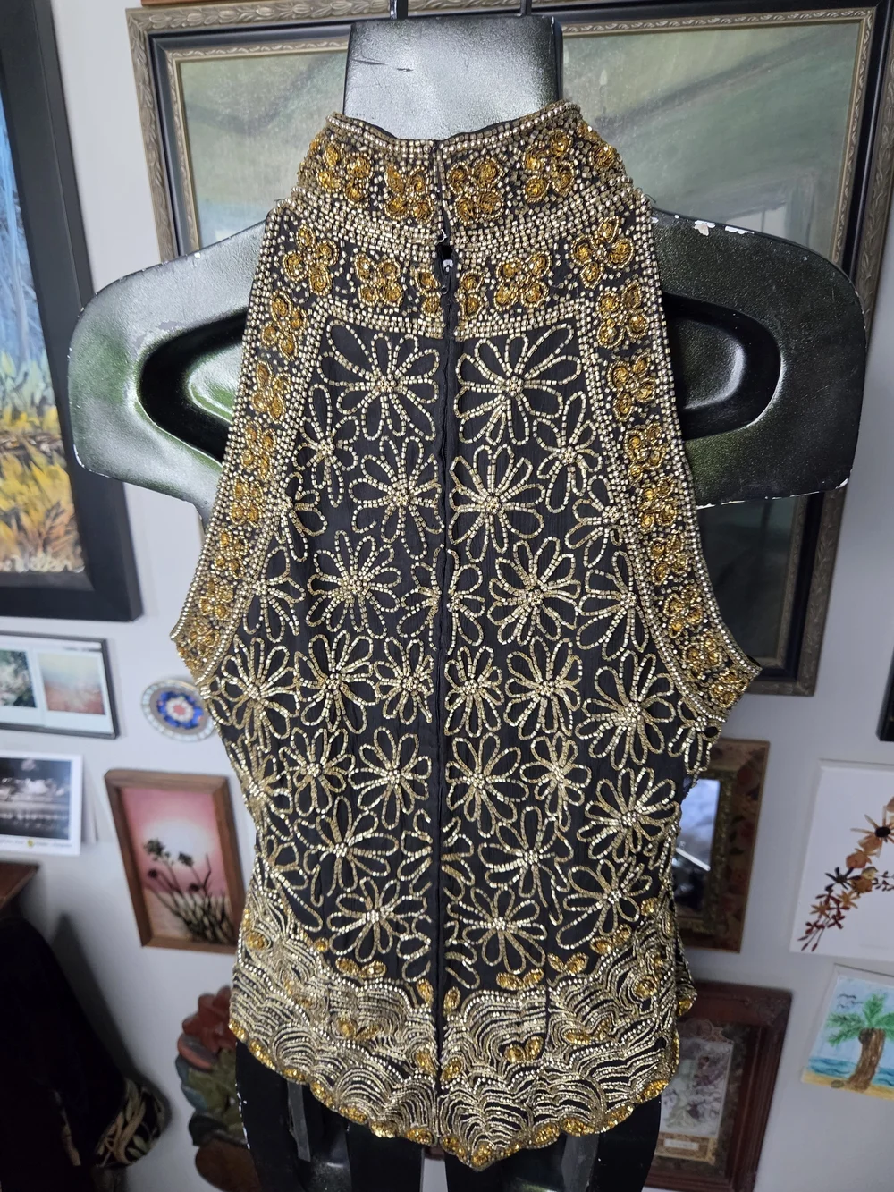 Vintage Laurence Kazar Floral Beaded 100% Silk Black & Gold Halter Top Medium